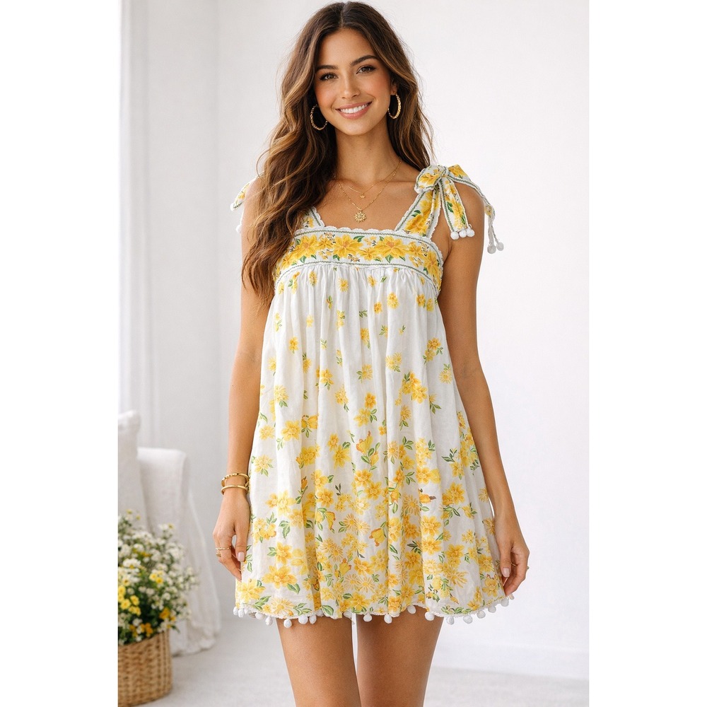 Farm Rio Yellow Floral Tie Shoulder Smocked Mini Dress Pom Pom Trim Size Medium